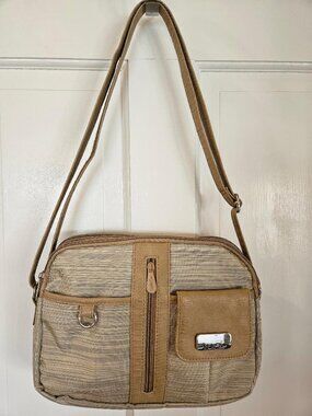 Multi-Sac beige/brown shoulder bag, multiple dividers/compartment, 12x9